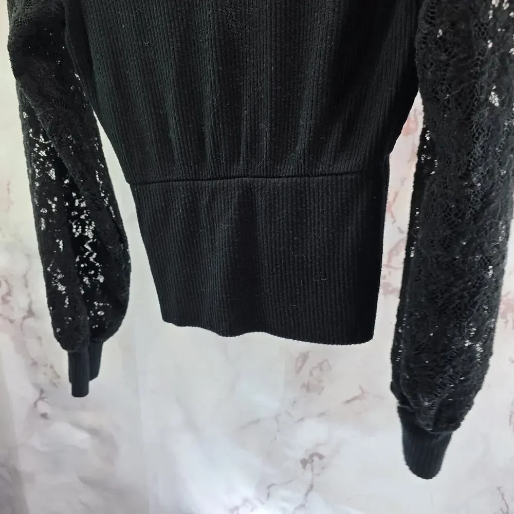 Anthropologie Shirt Womens Small Black Lace Puff Sleeve Faux Wrap Rib Sweater